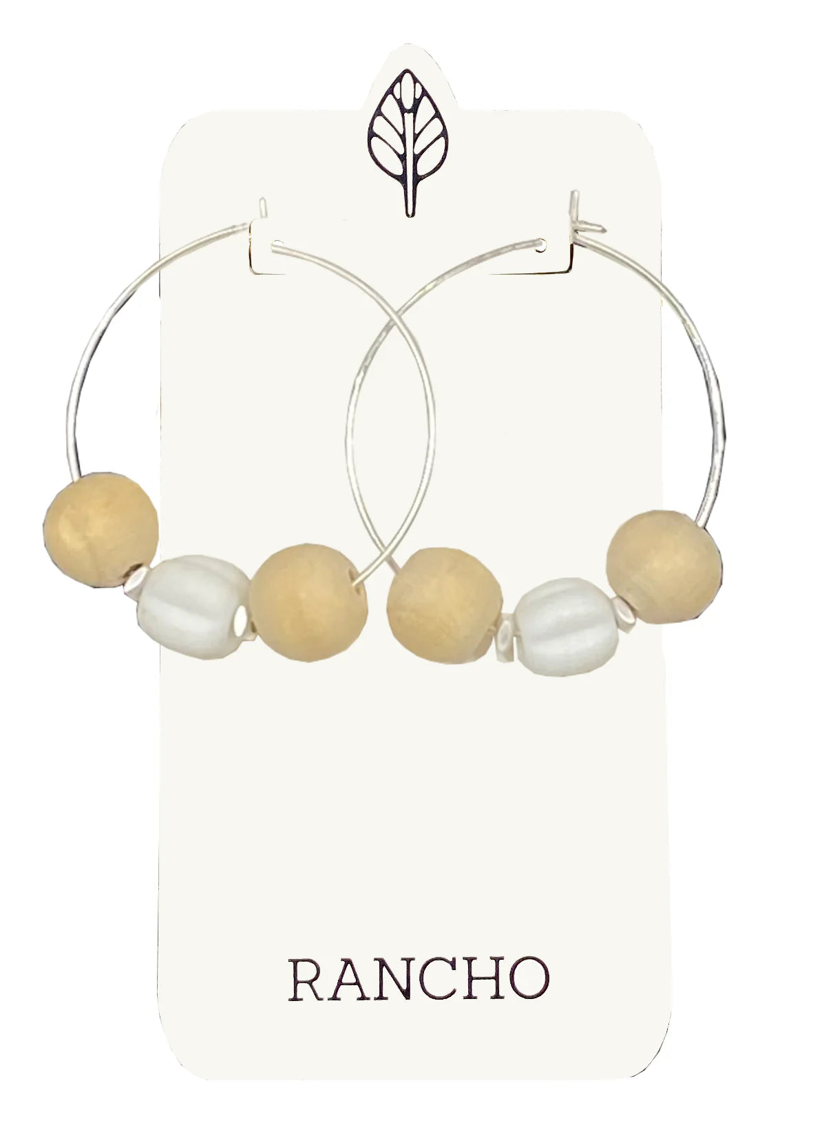 Round Wooden Beads With White Fluted Glass Hoop Earrings