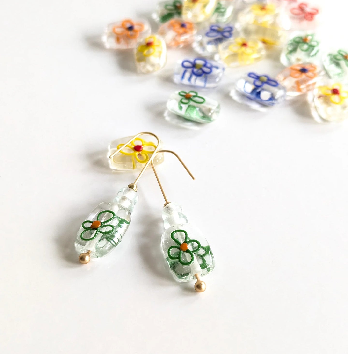 Flower Glass Hook Earrings - Green