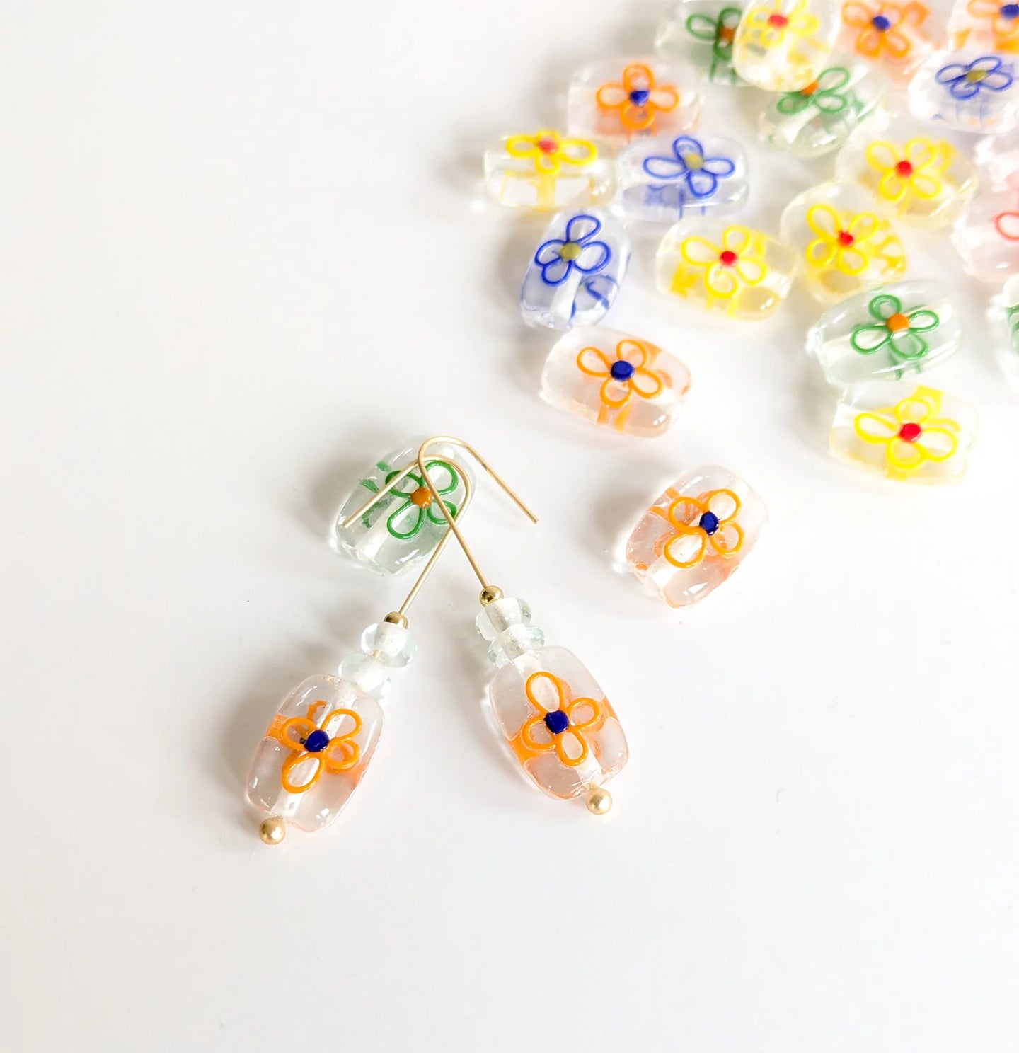 Flower Glass Hook Earrings - Orange