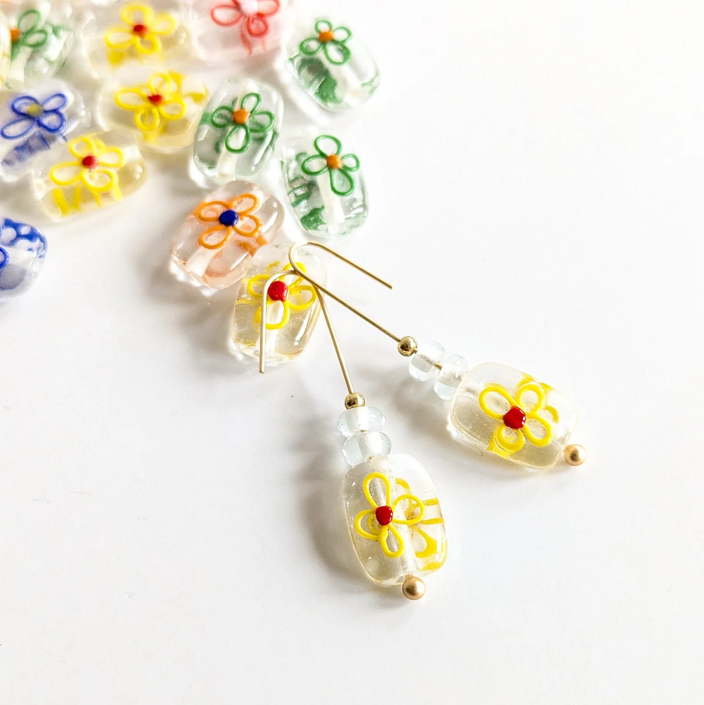 Flower Glass Hook Earrings - Yellow