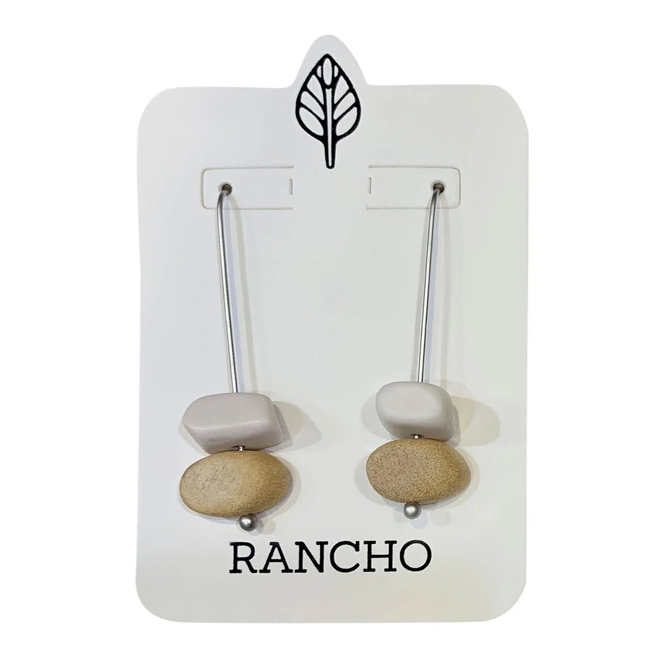 Long Straight Hook W/ White Resin & Wood Oval Earrings