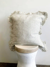 Load image into Gallery viewer, Pure French Linen Frayed Edge Ruffle Cushion - Olive Pinstripes
