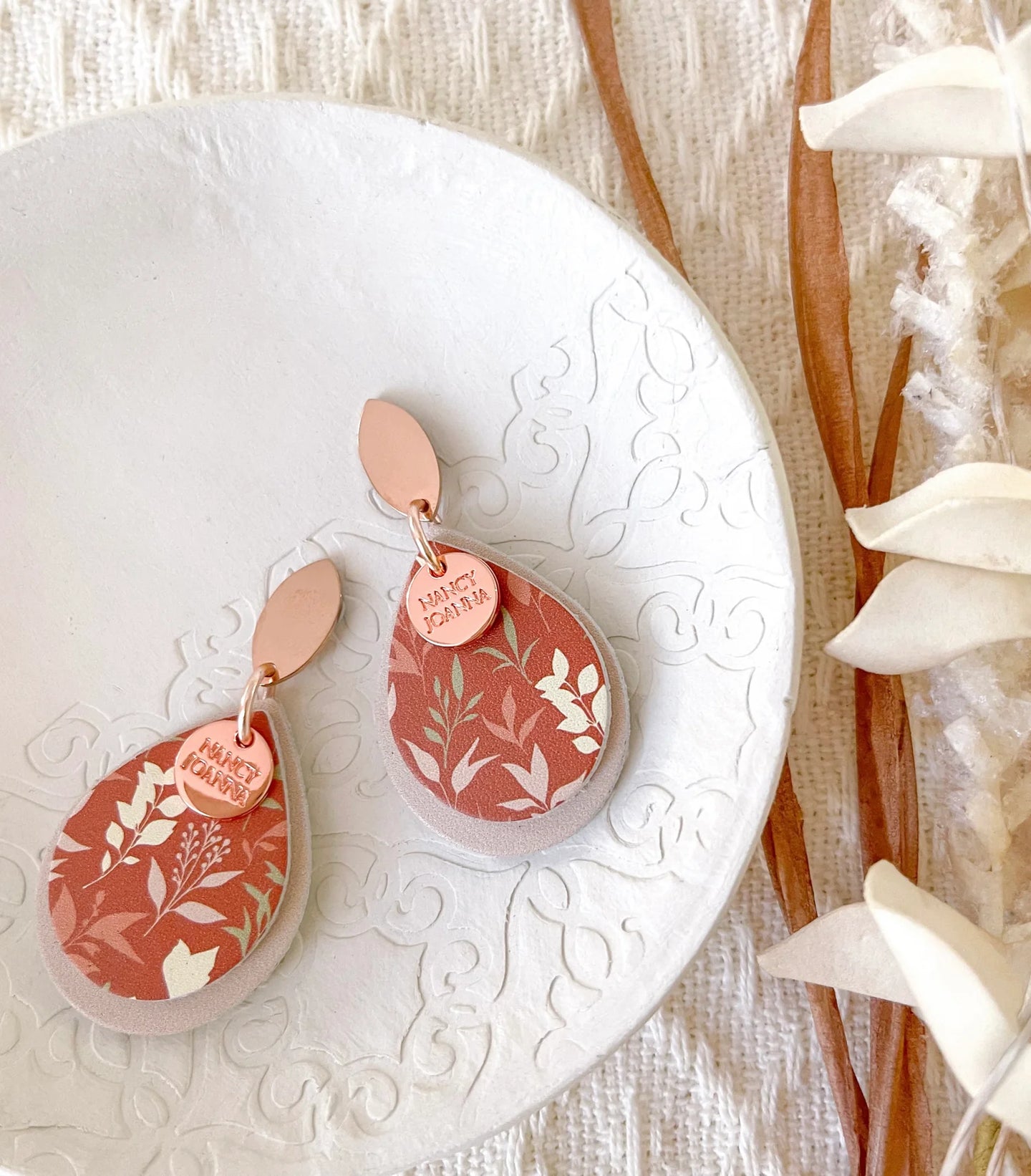 Rustic Floral Double Water Drops - Rose Gold